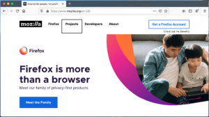 Screenshot of the Firefox browser window with VoiceOver active and "Projects" link highlighted