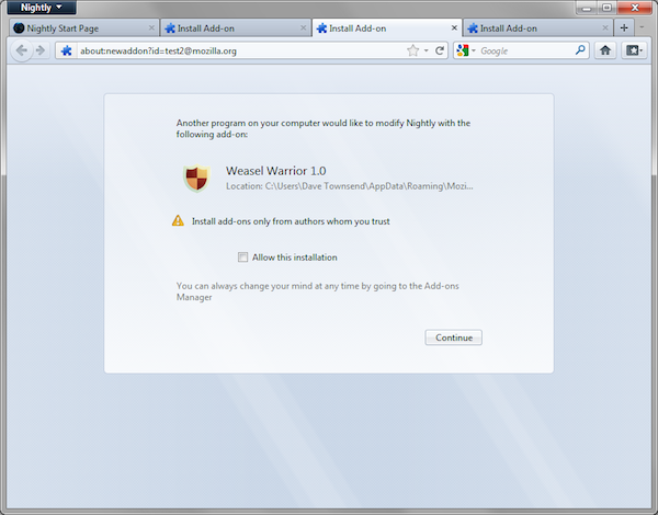 Screenshot of add-on install prompt