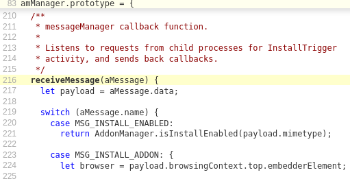 Code sample for a receiveMessage function using the MessageManger API