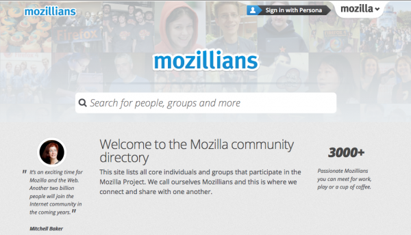 The new Mozillians homepage allows you to search for Mozillians with public profiles.