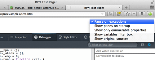 Screenshot of enabling pause on exceptions.
