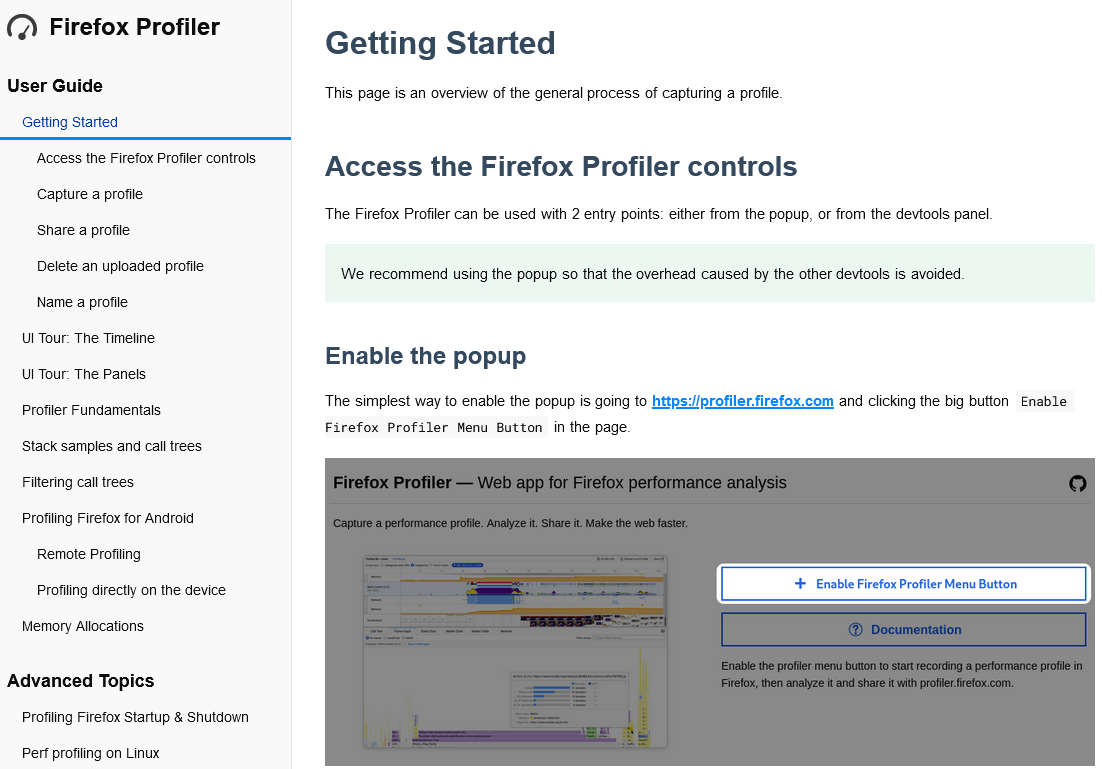 Screenshot of the top of https://profiler.firefox.com/docs/#/./guide-getting-started