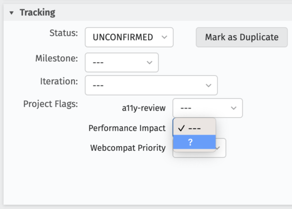 Screenshot of Bugzilla showing the Performance Impact flag with the values expanded.