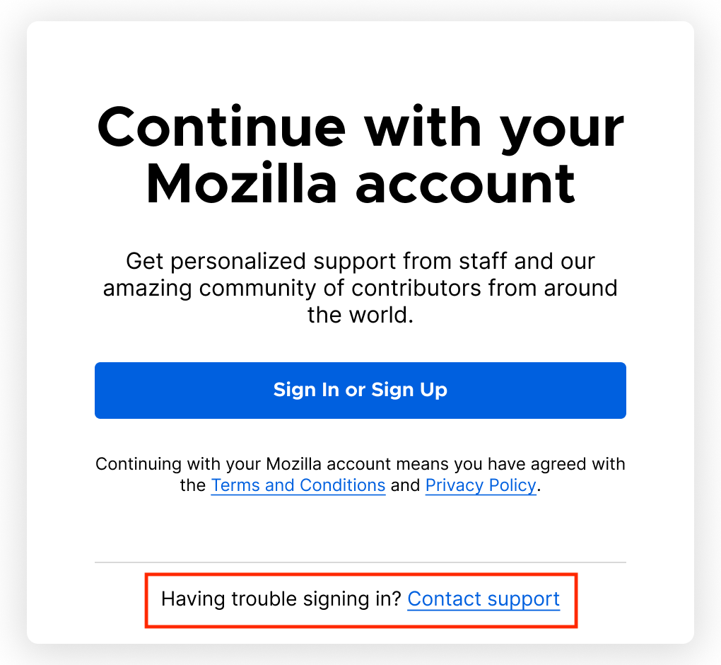 Screenshot of the new login prompt in the Mozilla Support platform