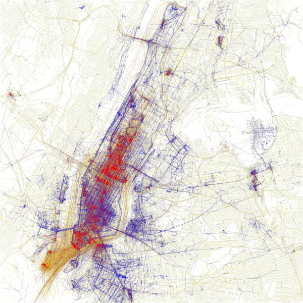 Photos on Flickr taken in NY by tourists and locals. Blue pictures are by locals. Red pictures are by tourists. Yellow pictures might be by either. Source: https://www.flickr.com/photos/walkingsf