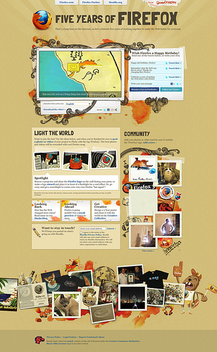 5 Years of Firefox The Mozilla website “5 Years of Firefox” has been retired in December 2010. The video is available here: http://videos.mozilla.org/fyfx/Firefox_Final_VO.ogv The Flickr photo stream is available here: http://www.flickr.com/photos/tags/firefox5/ The Hacks blog...