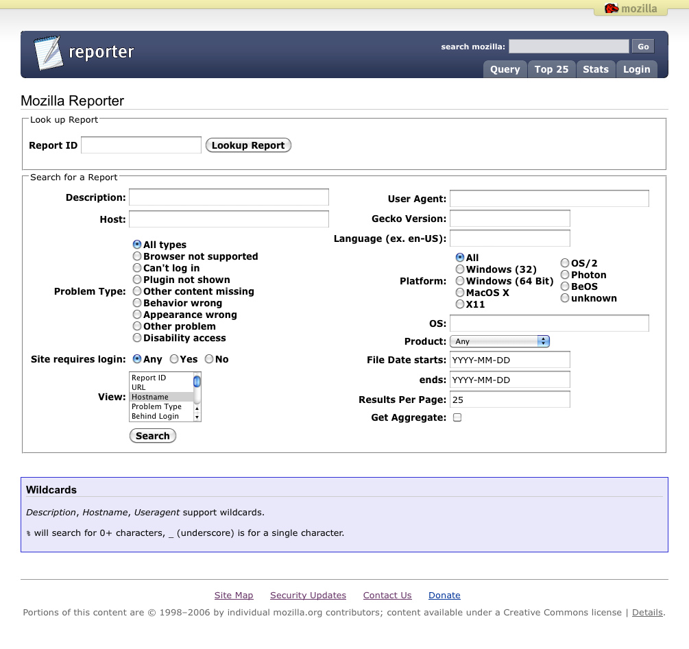 Mozilla Reporter The Mozilla website Mozilla Reporter was retired in December 2010. Its functionality has largely been replaced by Mozilla Input. The data collected by the Mozilla Reporter project is available in...