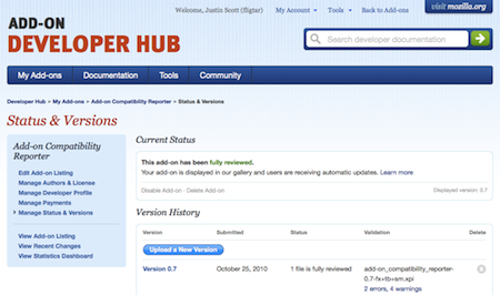 Screenshot of Manage Status and Versions page