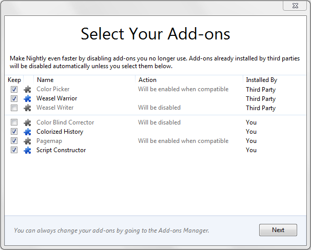 Screenshot of add-on selection dialog