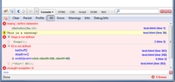 Firebug console panel view with an example of error logs.