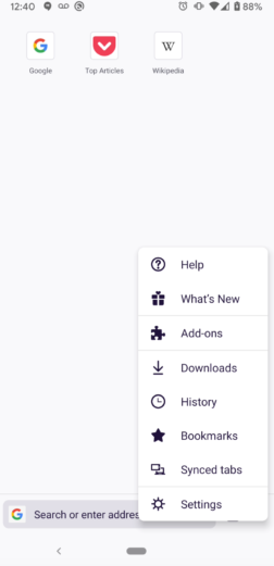 Screenshot of the Firefox for Android menu