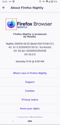 Screenshot of About Firefox Nightly