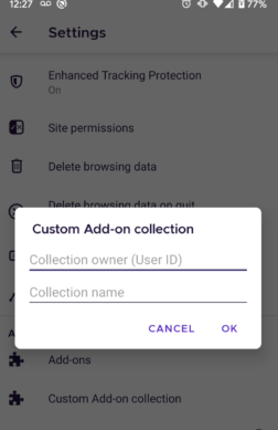 Screenshot of interface for adding a custom add-on collection
