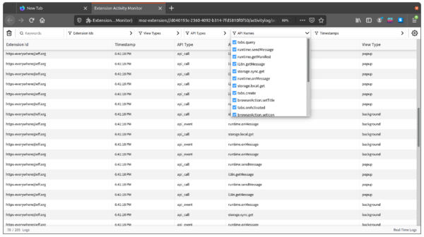 Screenshot of Extension Activity Monitor prototype