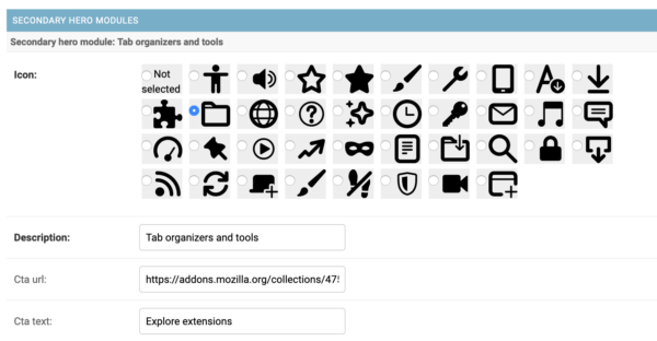 Screenshot of the AMO Homepage Curation Tool