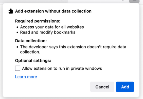 Screenshot of example Firefox extension installation prompt showing that the extension claims it collects no data