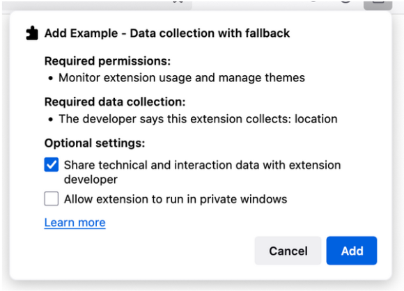 Screenshot of example Firefox extension installation prompt showing data that the extension collects