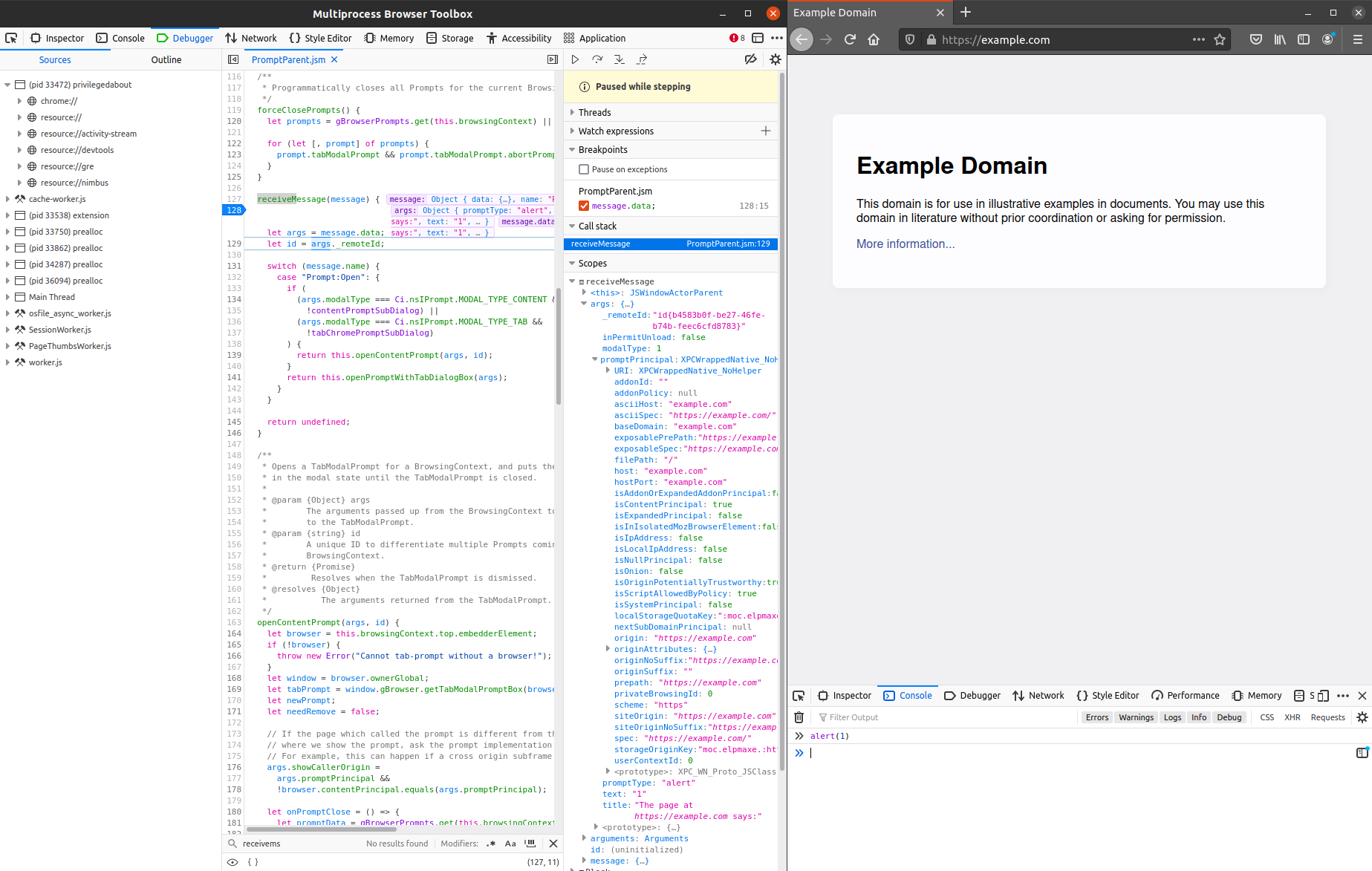 Hitting a breakpoint in Firefox’s parent process using Firefox Developer Tools (left)