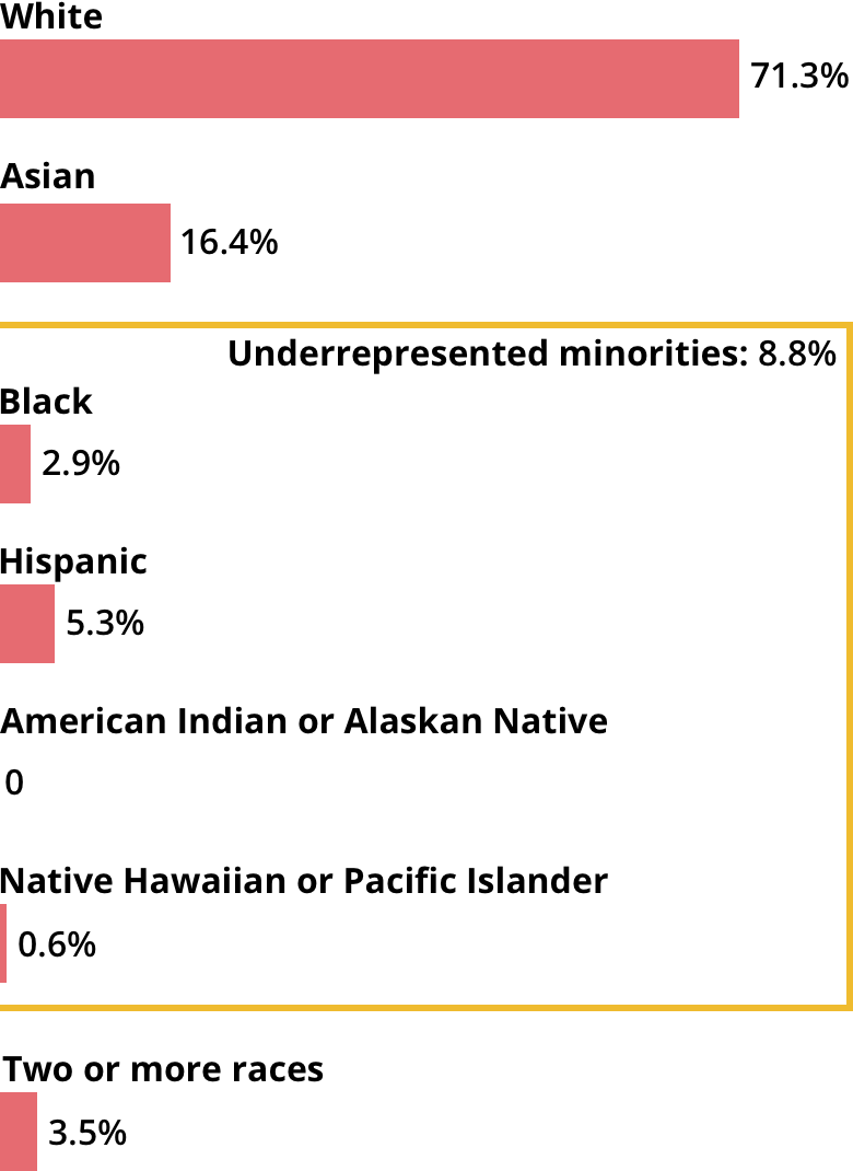 White: 71.3%. Asian: 16.4%. Black: 2.9%. Hispanic: 5.3%. American Indian or Alaskan Native: 0. Native Hawaiian or Pacific Islander: 0.6%. Two or more races: 3.5%.