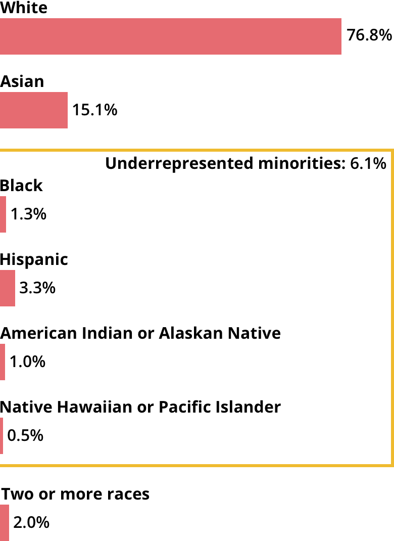 White: 76.8%. Asian: 15.1%. Black: 1.3%. Hispanic: 3.3%. American Indian or Alaskan Native: 1.0%. Native Hawaiian or Pacific Islander: 0.5%. Two or more races: 2.0%.