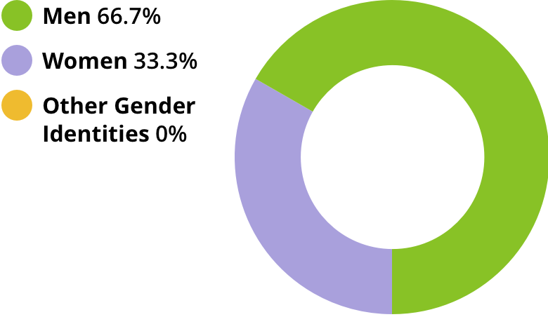 Men: 66.7%. Women: 33.3%. Other gender identities: 0.