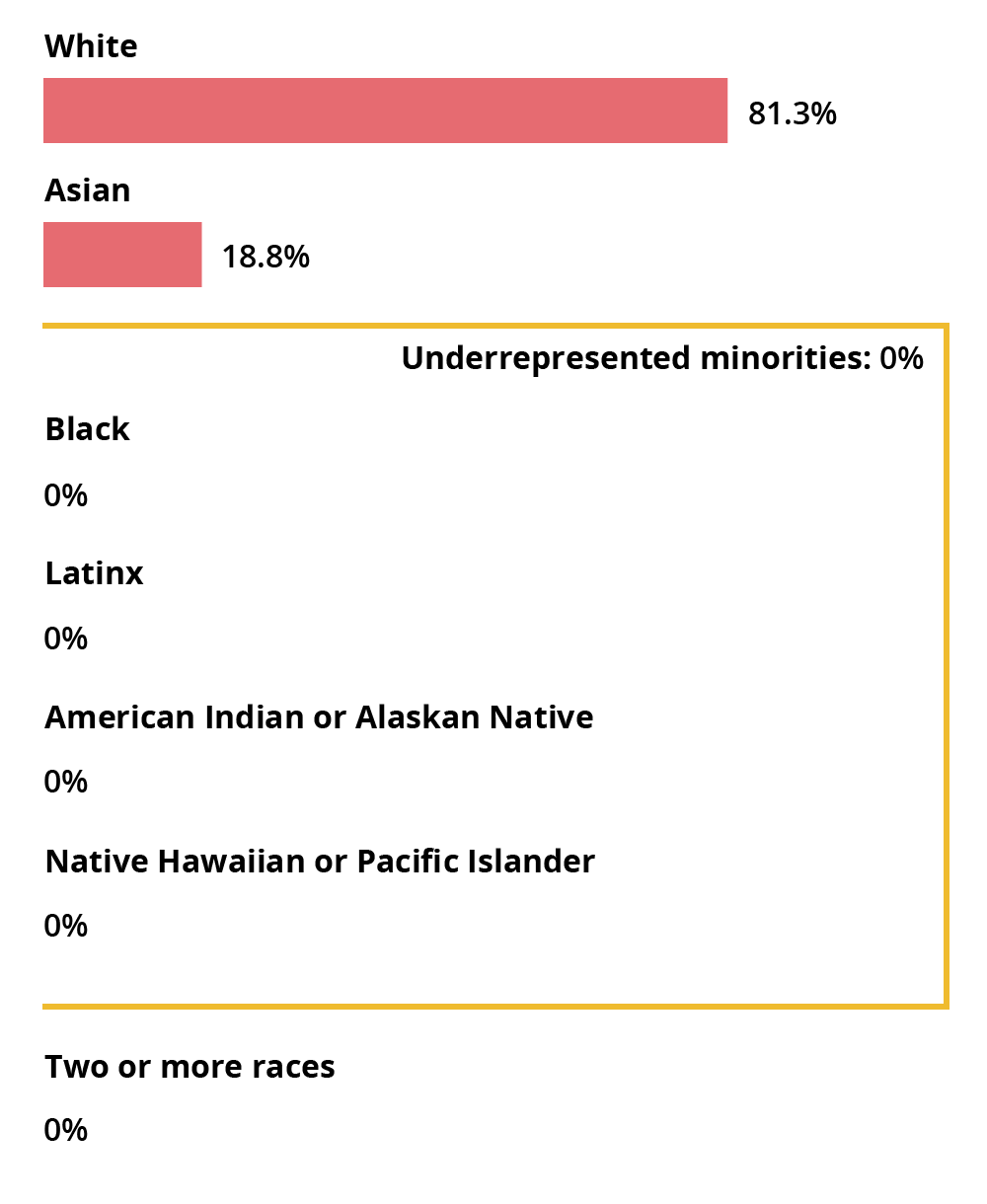 White: 81.3%, Asian: 18.8%, Black: 0, Latinx: 0, American Indian or Alaskan Native: 0, Native Hawaiian or Pacific Islander: 0, Two or more races: 0. Underrepresented minorities total: 0.