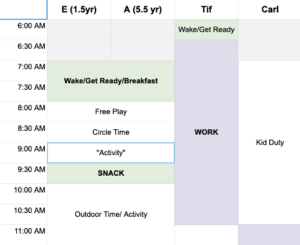 Spreadsheet of home and child tasks