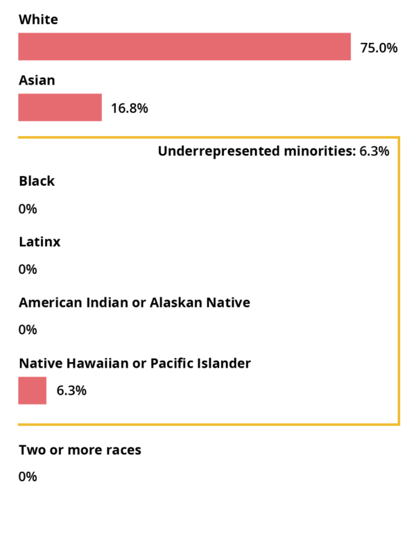 White: 75%, Asian: 16.8%, Black: 0%, Latinx: 0%, American Indian or Alaskan Native: 0%, Native Hawaiian or Pacific Islander: 6.3%, Two or more races: 0%. Underrepresented minorities total: 6.3%.