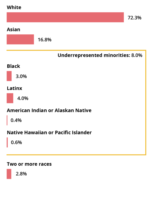 White: 72.3%, Asian: 16.8%, Black: 3.0%, Latinx: 4.0%, American Indian or Alaskan Native: 0.4%, Native Hawaiian or Pacific Islander: 0.6%, Two or more races: 2.8%. Underrepresented minorities total: 8.0%.