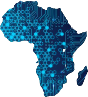 An image of the shape of the continent of Africa covered with blue hexagons and circuit board textures