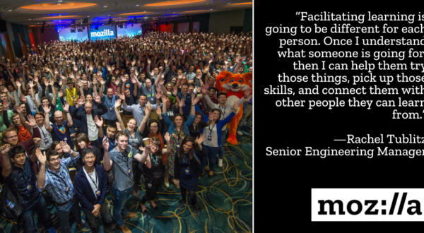 image of Mozillians at All Hands accompanied by quote from Rachel Tublitz