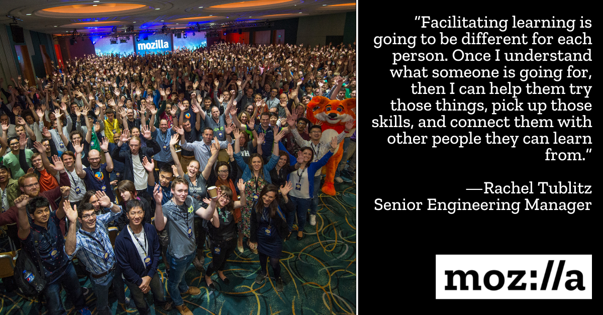 image of Mozillians at All Hands accompanied by quote from Rachel Tublitz