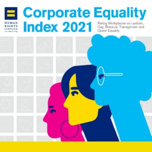 Image of the Human Rights Campaign Foundation's Corporate Equality Index 2021 rating logo with the text "Rating Workplaces on Lesbian, Gay, Bisexual, Transgender, and Queer Equality" and three different faces colored pink, yellow, and blue looking the same direction