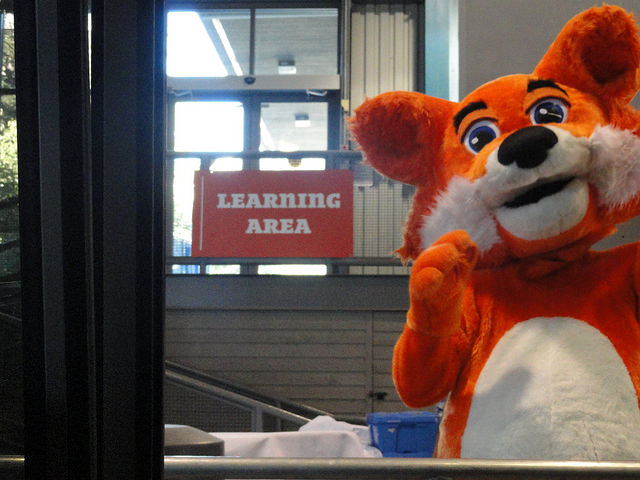 Firefox mascot in front of a sign, "Learning Area"