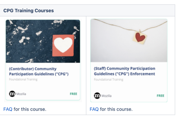 two course tiles are shown. One titled (contributor) community participation guidelines, the other (staff) participation guidelines. Each show link to FAQ