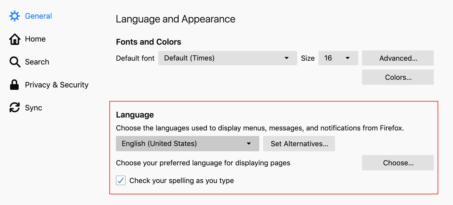 Topic: the defaults for Firefox, General, Language & Appearance, Fonts