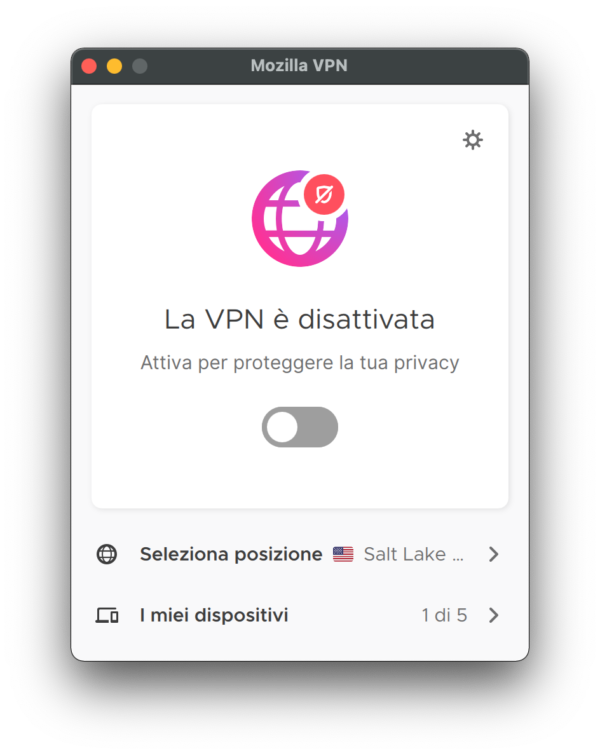 Screenshot of Mozilla VPN Client with Italian localization