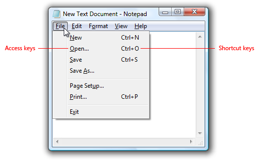 A screenshot of Notepad showing access keys in the menu.