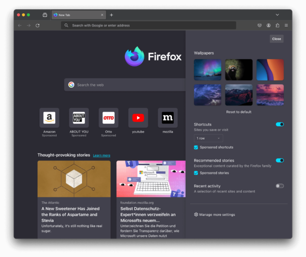 Screenshot of New Tab wallpaper selection in Nightly.