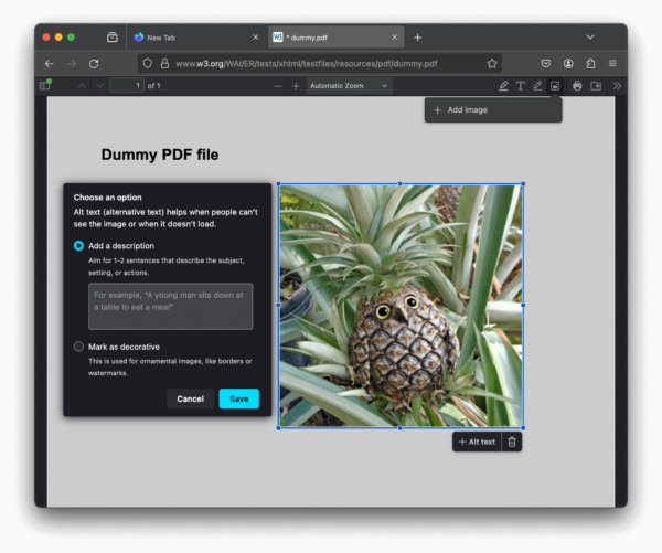 Screenshot of the PDF Viewer in Firefox, with the "Add image" UI.