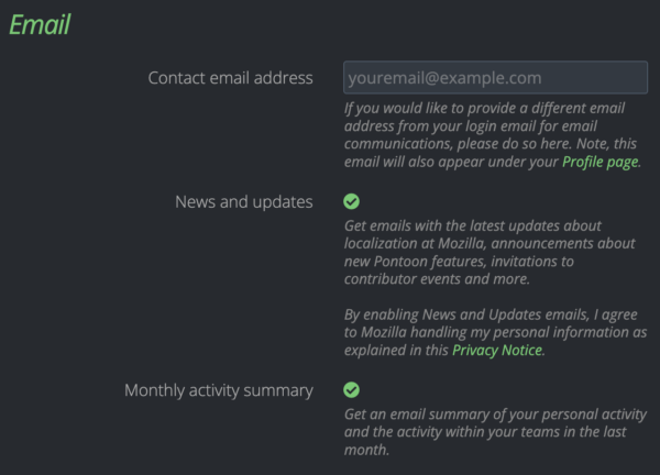 Email options in Pontoon's profile settings.