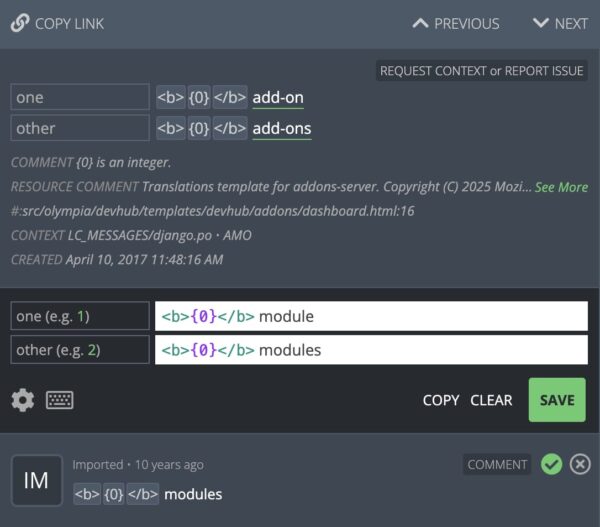 Screenshot of UI in Pontoon showing a string with plurals in a gettext based project