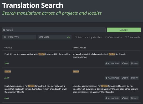 Screenshot of Pontoon with the results of a search.