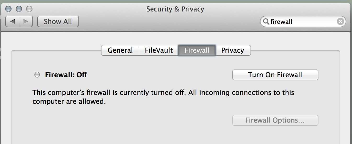 Dialog box showing the firewall off by default