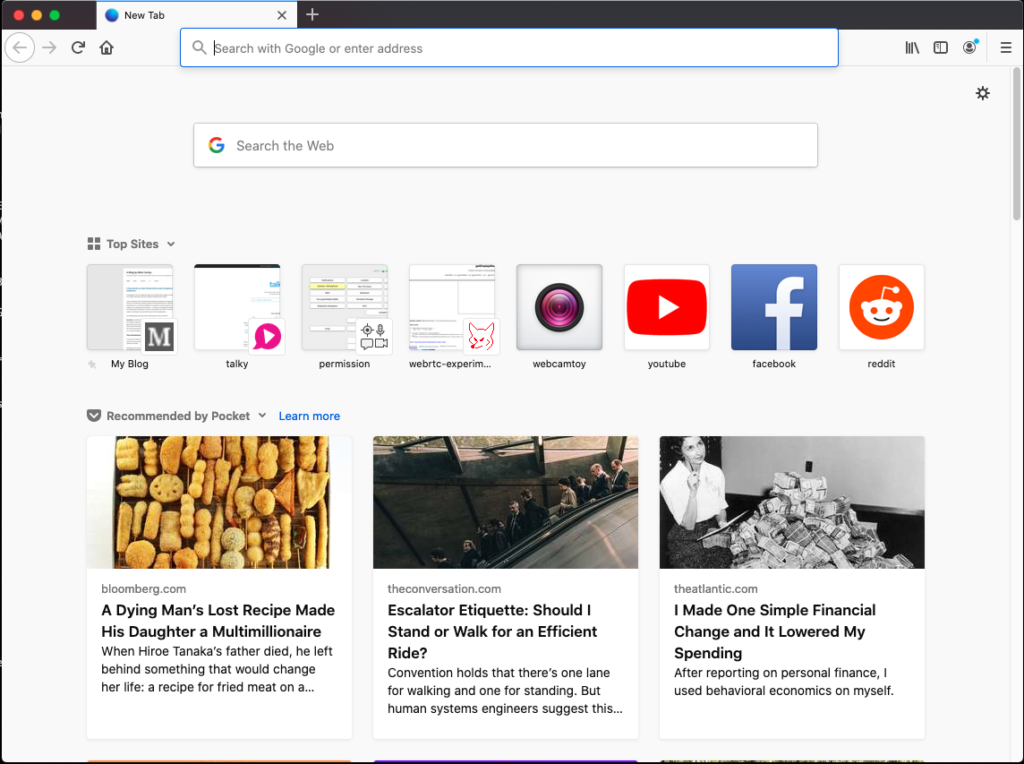 about:home in an instance of Firefox. There are a series of Top Sites listed including Facebook, YouTube and Reddit. There are three Pocket stories also listed.