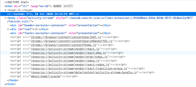 The Firefox DevTools Inspector showing the source for the about:home page. A comment above the body tag indicates that this was loaded from the cache.