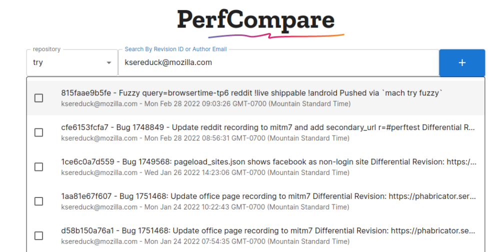 perfcompare search by email