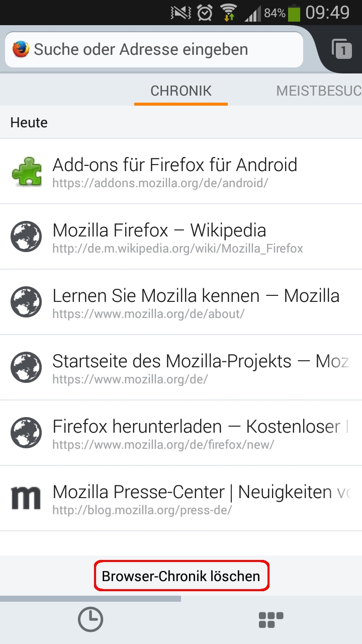 Clear history, Firefox für Android