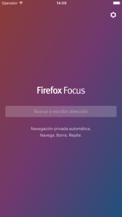 Página de inicio de Firefox Focus
