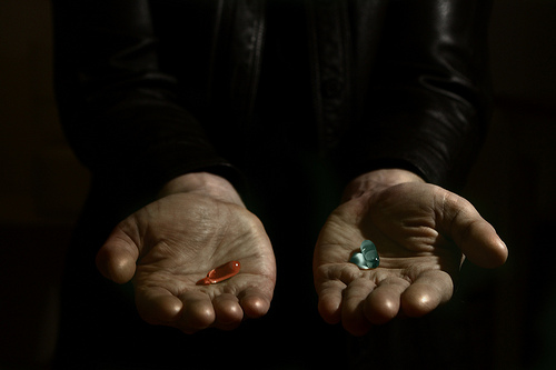 A choice between a red pill and a blue pill.
